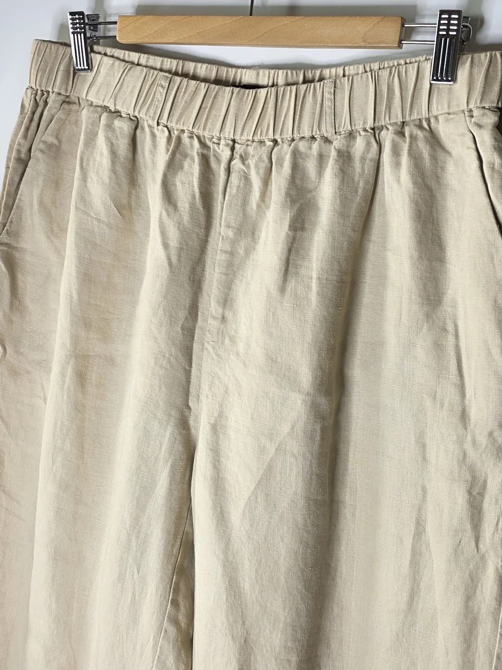 Quince Light Tan 100% Linen Wide Leg casual Pants Large Elastic waist